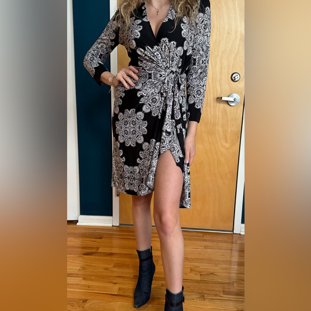 BCBGMaxAzria Black and Gray Lace Pattern dress